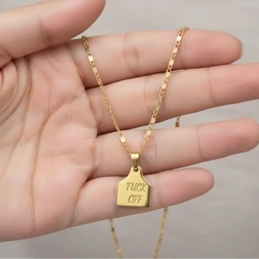 F.k off Gold Stainless Steel Cow Tag Pendant Goldfilled Necklace